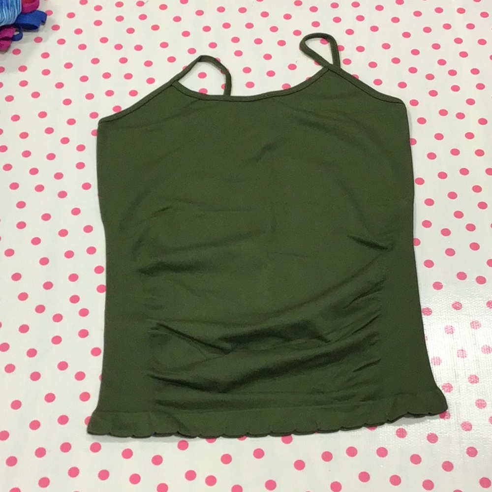 Side ruched cami, scalloped bottom, one size, olive green